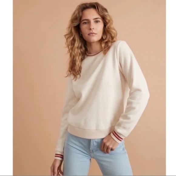 Marine Layer Anytime Sweatshirt Crewneck Oatmeal Cream Stripe Trim size large - Picture 1 of 7